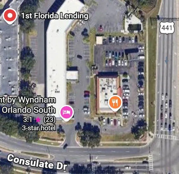 Aerial map showing 1st Florida Lending office location behind Baymont by Wyndham on Consulate Drive
