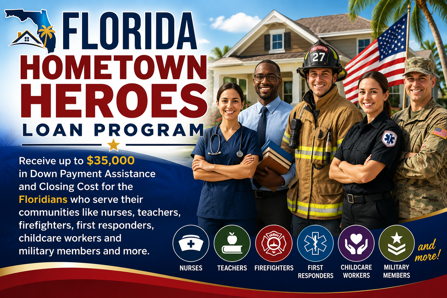 Florida Hometown Heroes Loan Program — nurses, teachers, firefighters, first responders, childcare workers and military members in front of a Florida home