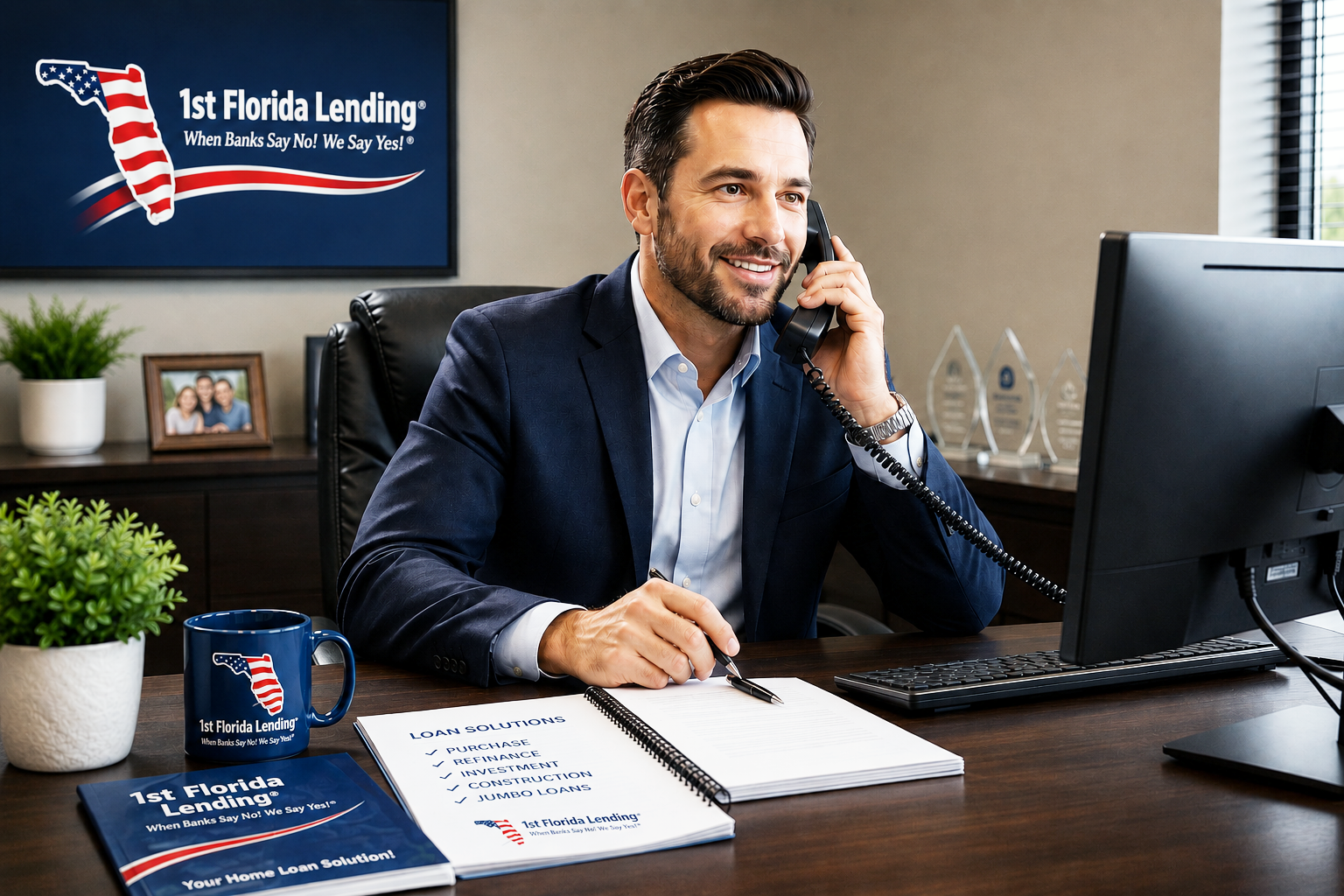 Licensed 1st Florida Lending loan officer on the phone in the Orlando office