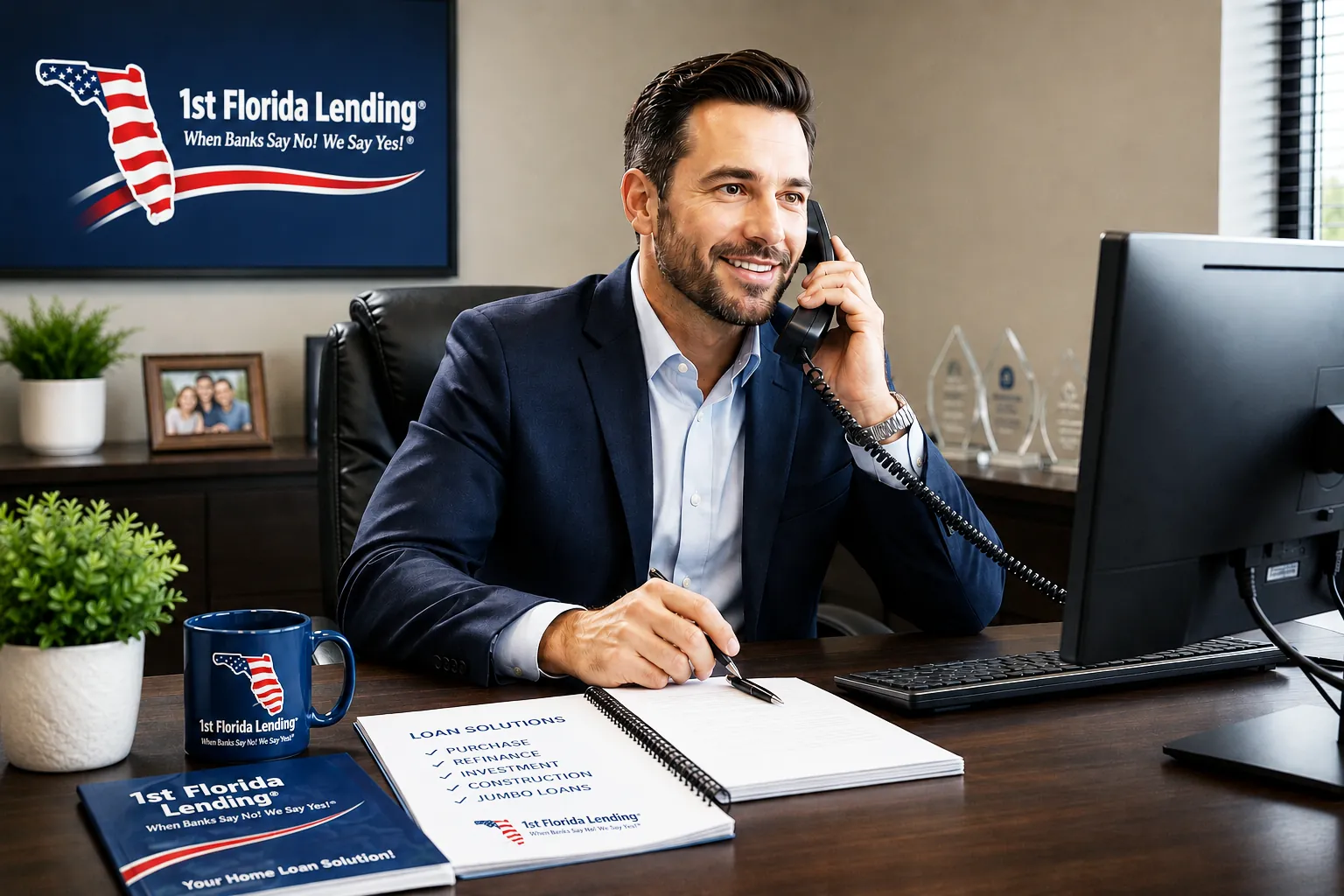 Licensed 1st Florida Lending loan officer on the phone in the Orlando office