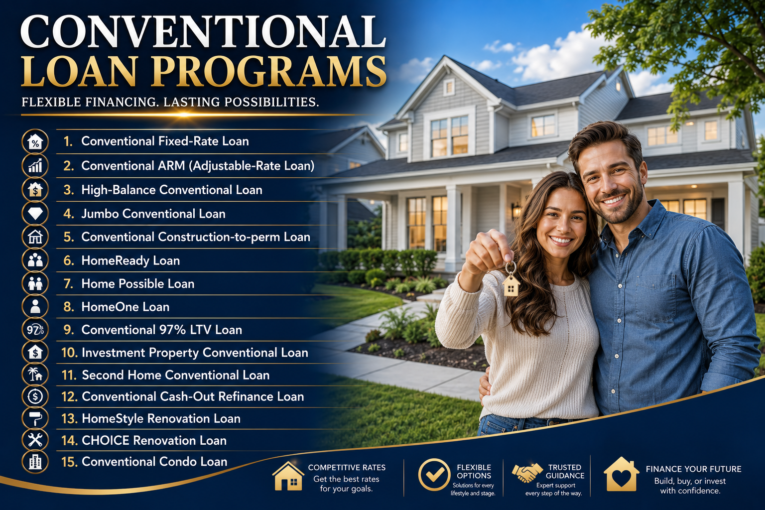 Happy couple in front of their new home — financed with a conventional loan