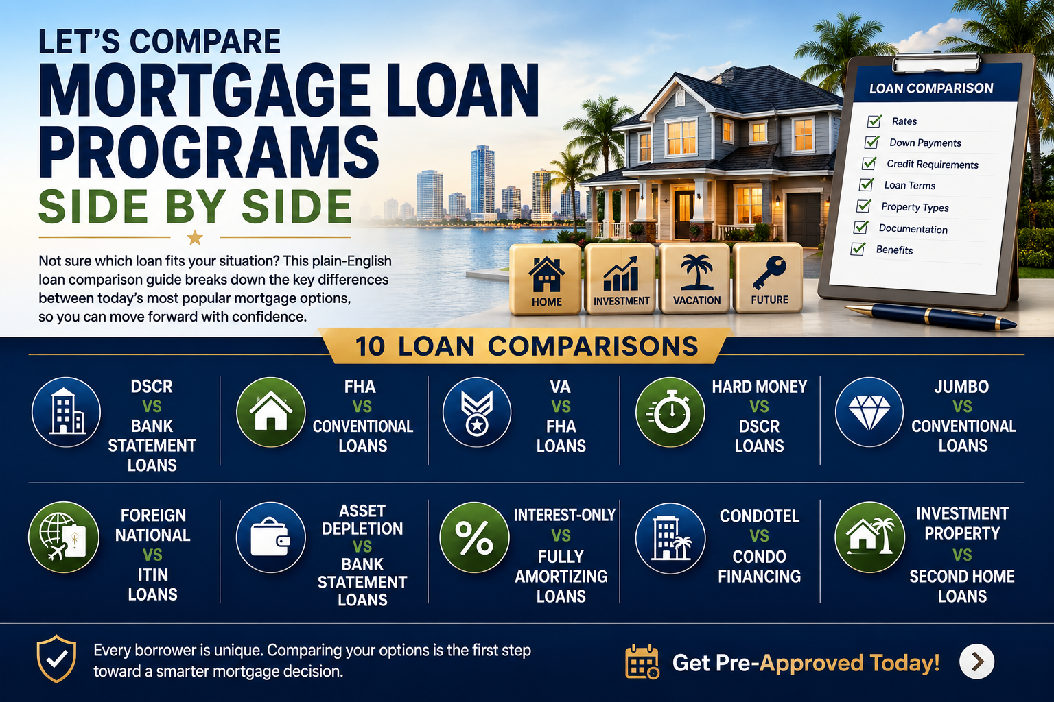 Let's Compare Mortgage Loan Programs Side by Side — infographic listing 10 loan comparisons including DSCR, FHA, VA, Jumbo, Foreign National, ITIN, Asset Depletion, Interest-Only, Condotel, and Investment Property