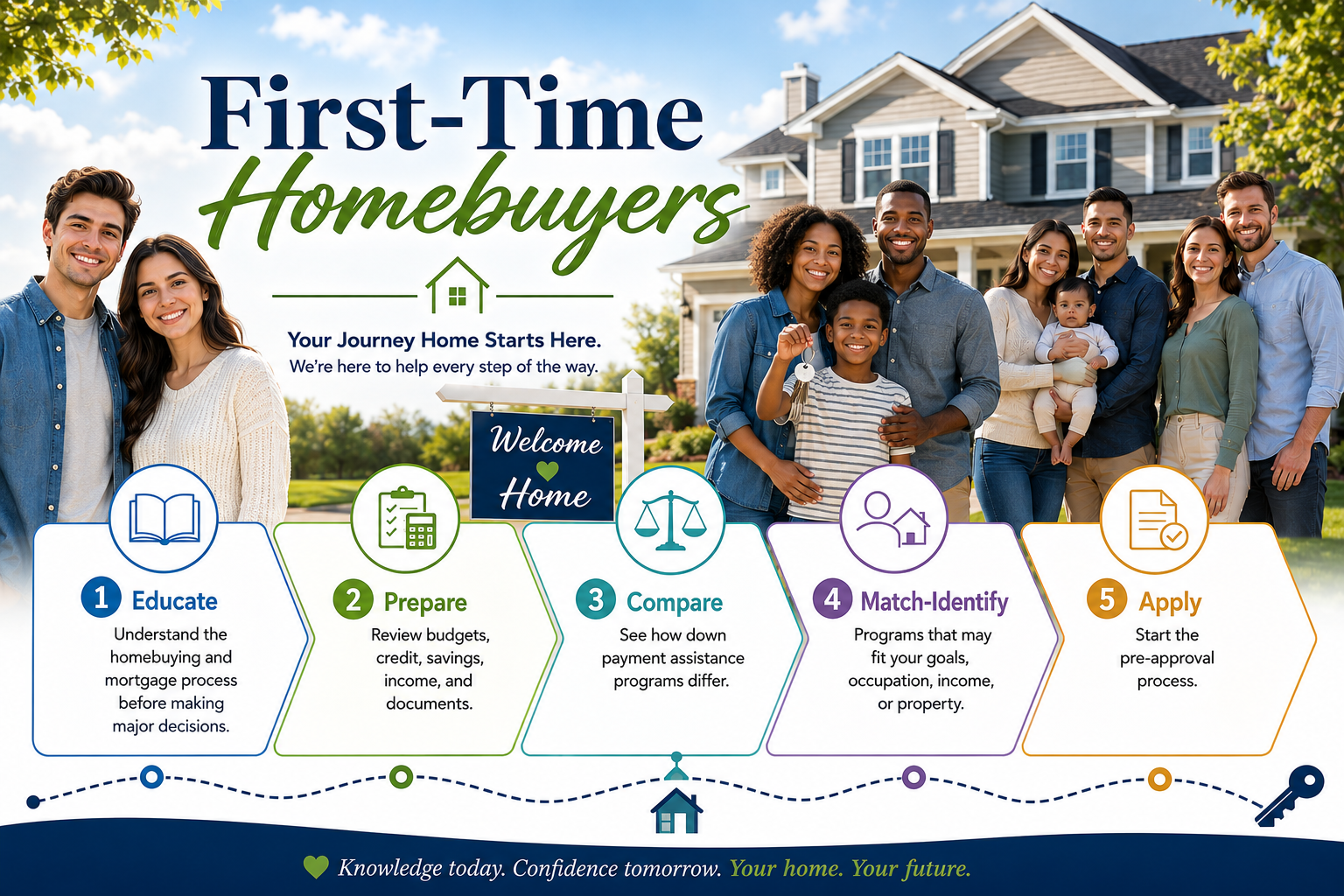 Young Florida family standing in front of their first home holding keys