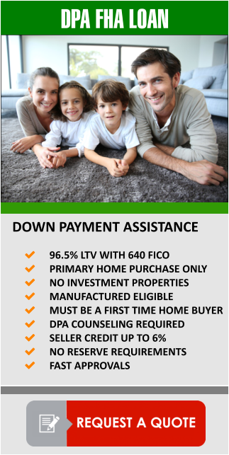 DPA FHA LOAN   DOWN PAYMENT ASSISTANCE  	96.5% LTV WITH 640 FICO 	PRIMARY HOME PURCHASE ONLY 	NO INVESTMENT PROPERTIES 	MANUFACTURED ELIGIBLE 	MUST BE A FIRST TIME HOME BUYER  	DPA COUNSELING REQUIRED 	SELLER CREDIT UP TO 6%   	NO RESERVE REQUIREMENTS 	FAST APPROVALS