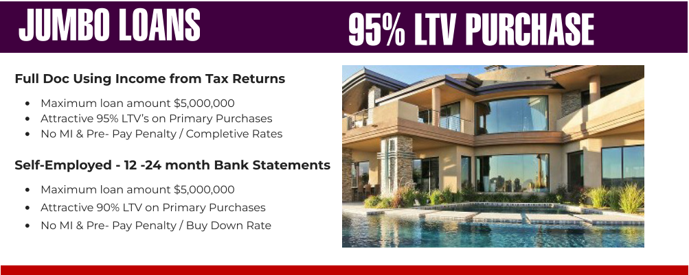 Full Doc Using Income from Tax Returns •	Maximum loan amount $5,000,000 •	Attractive 95% LTV’s on Primary Purchases   •	No MI & Pre- Pay Penalty / Completive Rates    Self-Employed - 12 -24 month Bank Statements  •	Maximum loan amount $5,000,000 •	Attractive 90% LTV on Primary Purchases  •	No MI & Pre- Pay Penalty / Buy Down Rate JUMBO LOANS  95% LTV PURCHASE